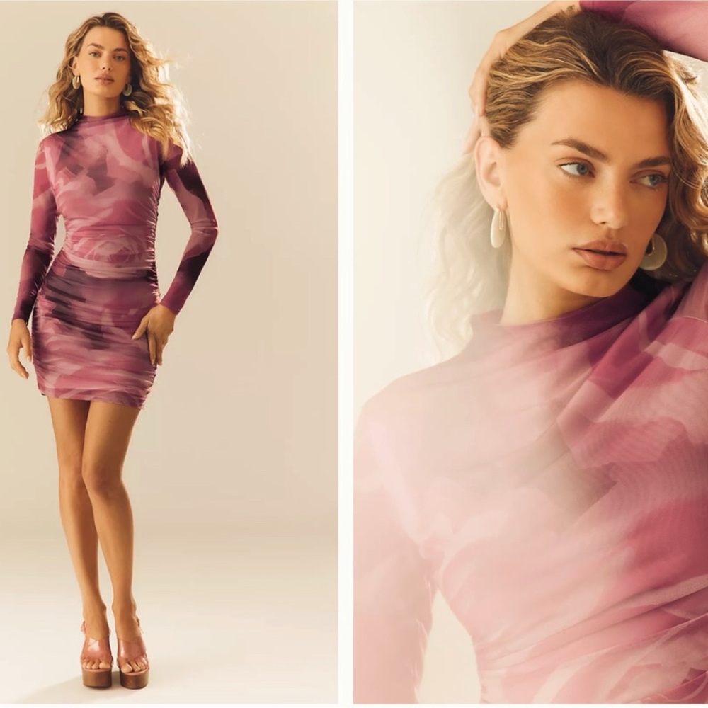 Anthropologie Maya Ruched Long-Sleeve Cowl-Neck Mini Dress Rose Print